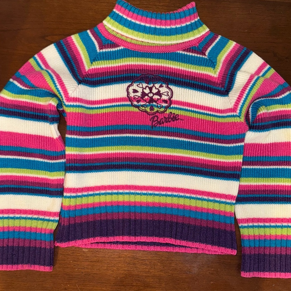 Barbie Vintage Pink Colorful Striped Turtleneck Sweater Kids Size 6/7